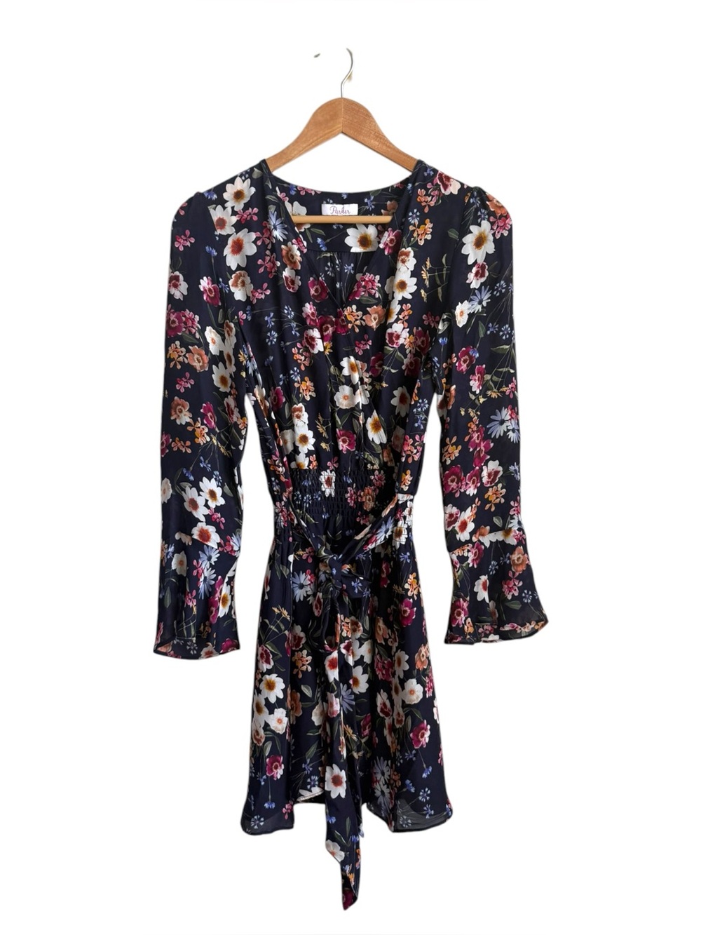Parker Womens Silk Blend Floral Long Sleeve Mini Dress XS Smocked Waist
